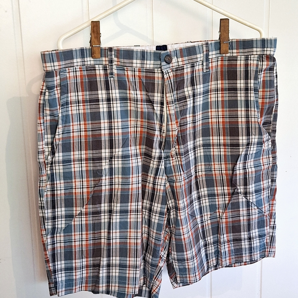 GAP Men's Plaid Dress Shorts Blue Orange White Waist 38 Very Good Condition